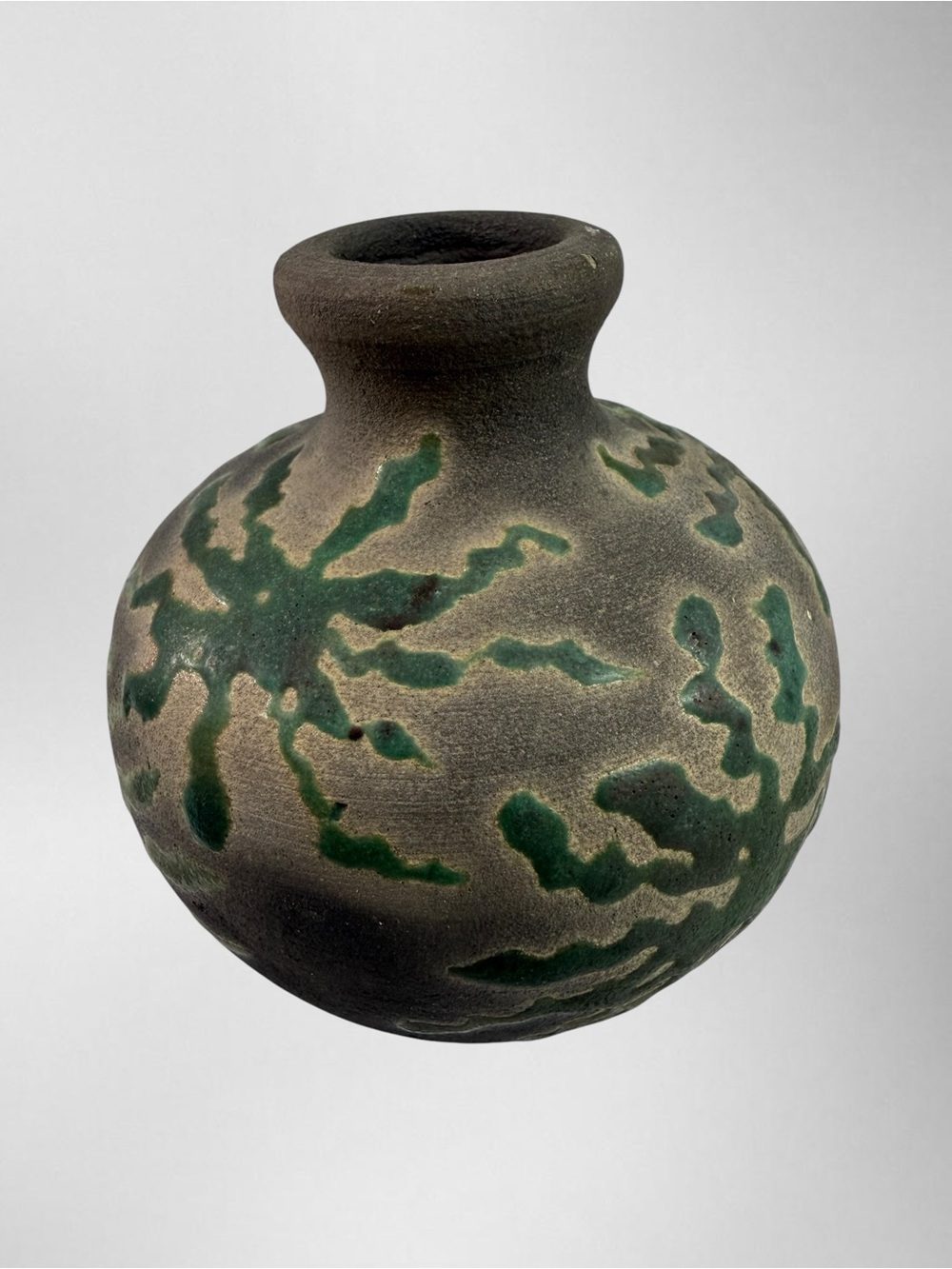 Vintage Raku Studio Art Pottery Bud Table Vase Green Earth Tone Matte Signed